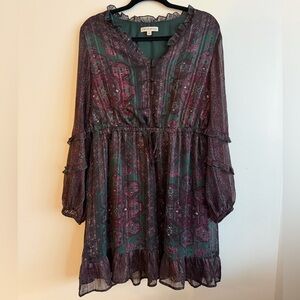 FRYE AND CO. Green and Purple Long Sleeve Tiered Midi Dress